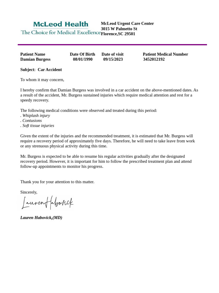 McLeod Urgent Care Center PDF