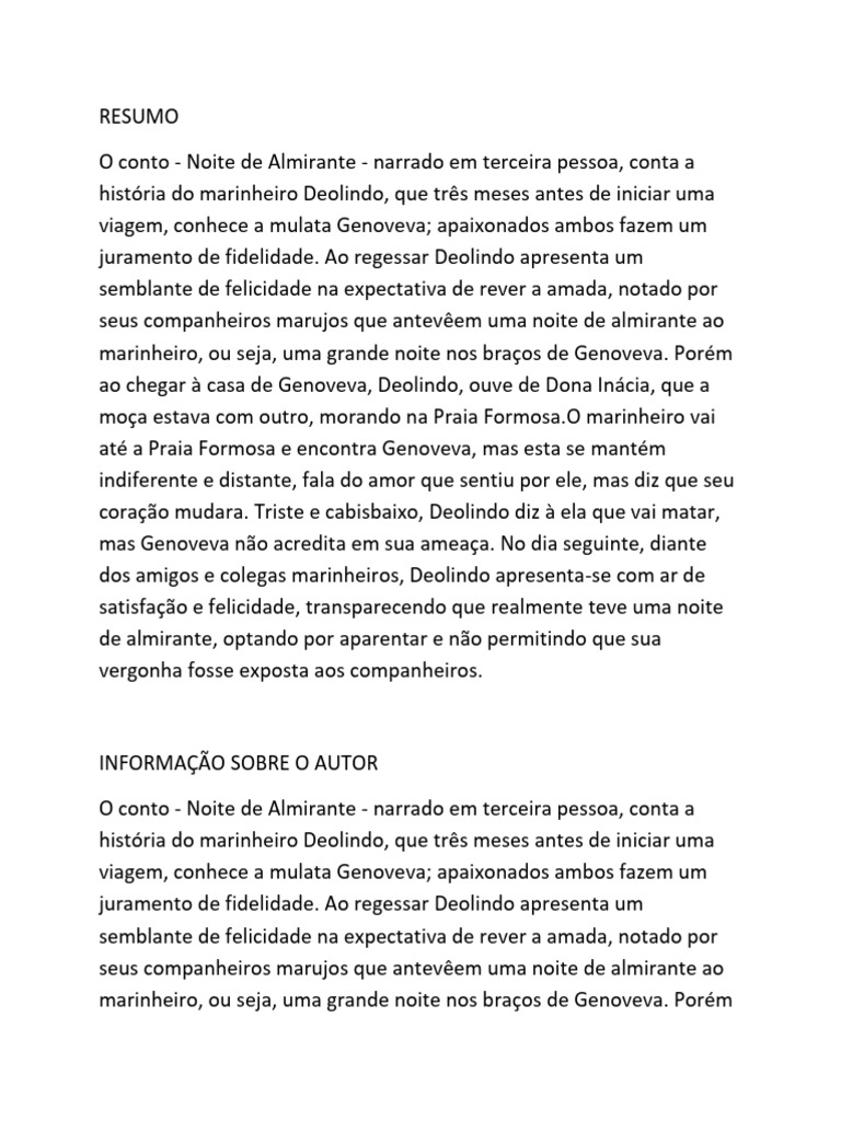 Conto Noite de Almirante - Resenha, PDF, Contos
