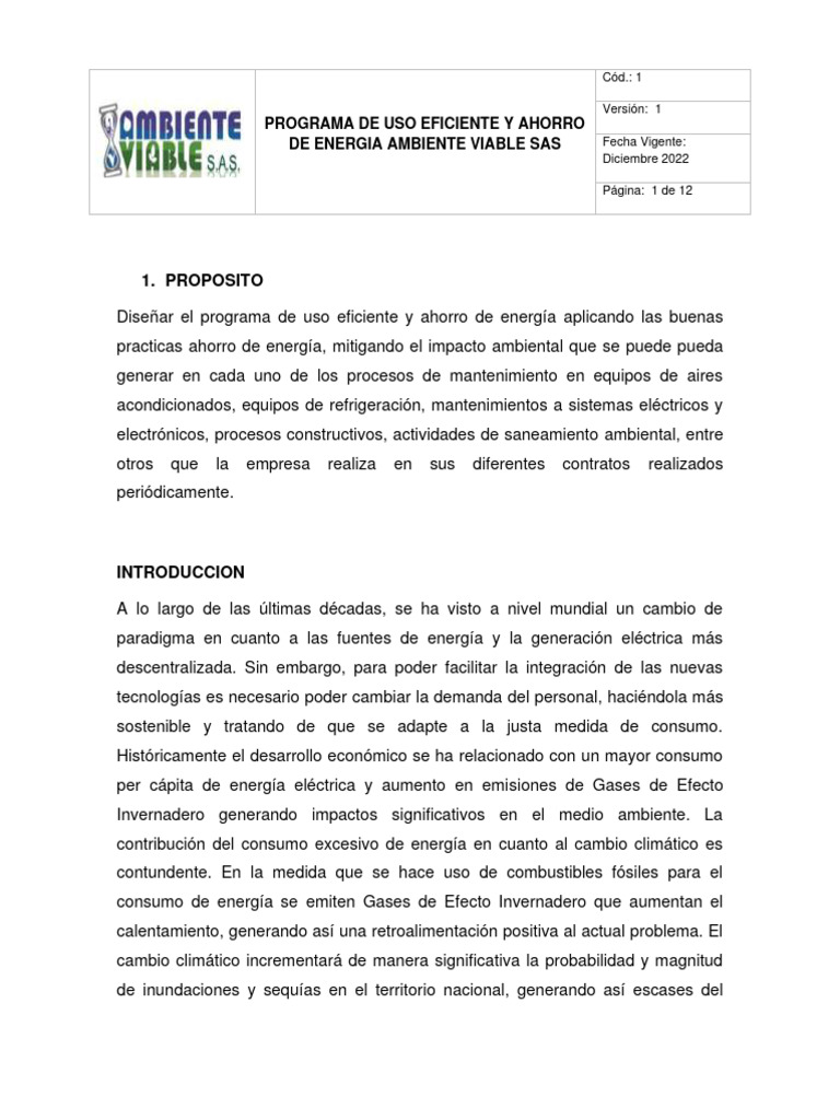 Programa de Ahorro y Uso Eficiente de Energia Ambiente Viable Sas | PDF