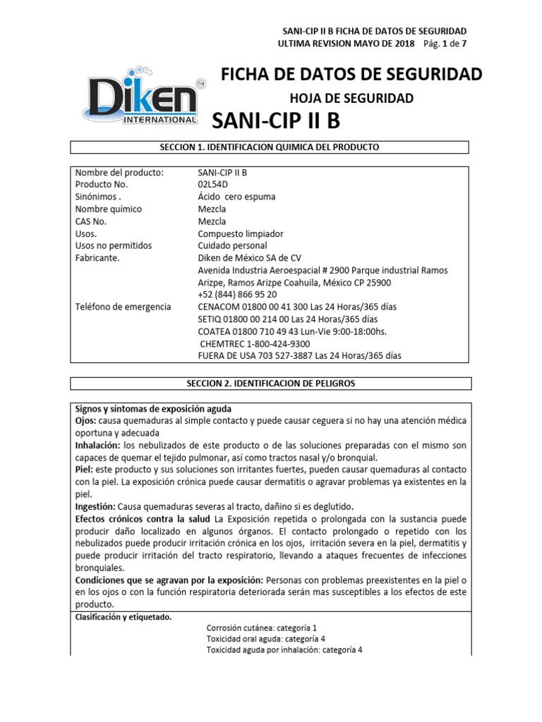 Ficha de Seguridad SANI-CIP II B | PDF | Agua | Quemar