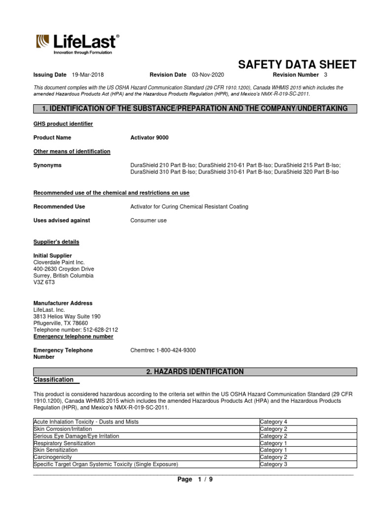 Activator9000CanadaSDS PDF Toxicity Occupational Safety And Health