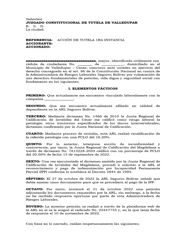 Acción de Tutela Plantilla | PDF | Juez | Constitución