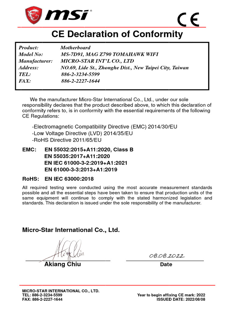 CE Compliance Declaration for Micro-Star | PDF | Electronics ...
