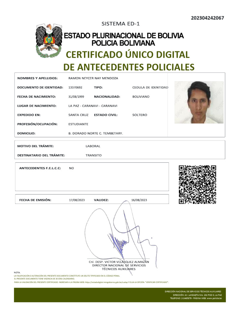 Certificado de Antecedentes Policiales Bolivia | PDF