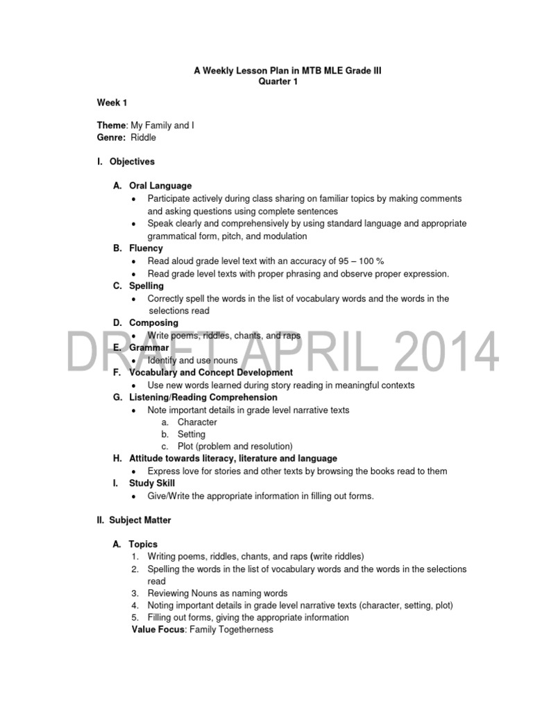 Grade 3 MTB MLE Weekly Lesson Plan | PDF | Vocabulary | Word