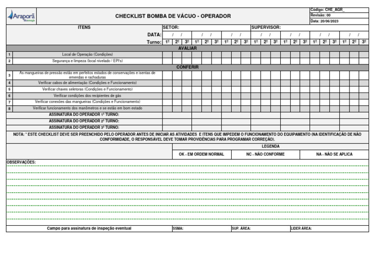 Check List Bomba de Vácuo | PDF