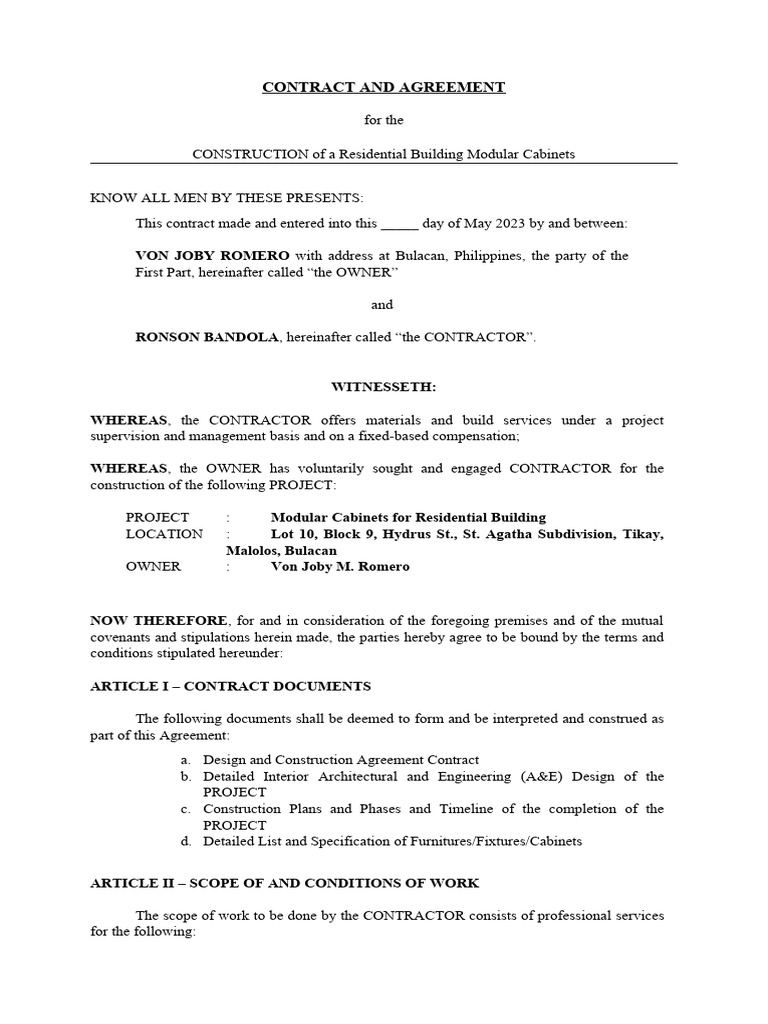 Modular Cabinet Construction Contract | PDF | Employment | Legal Liability