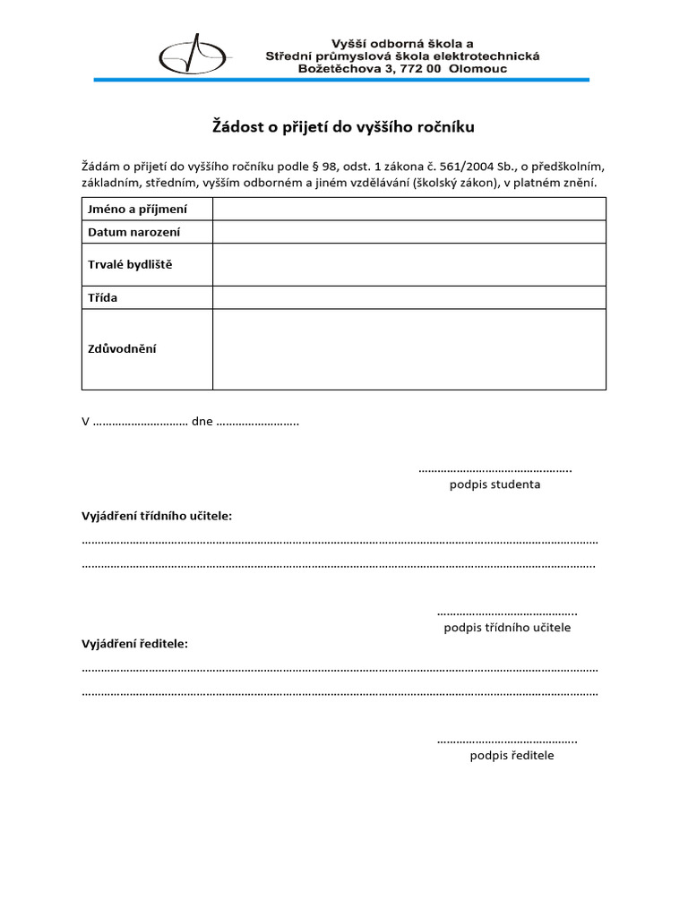 E vos zadost prijeti do vyssiho rocniku pdf