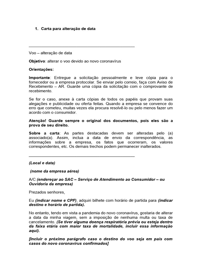 Carta para Alteracao de Data | PDF | Proteção ao consumidor