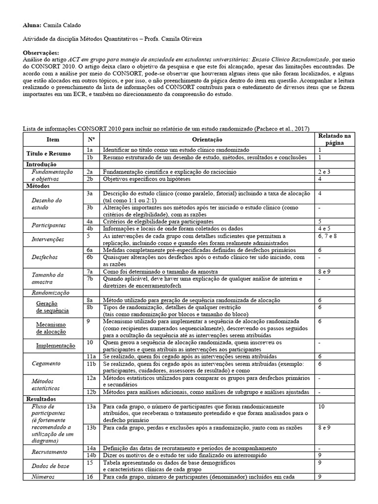 Checklist Consort 2010 Em Portugu S Pdf Teste Cl Nico Abstract