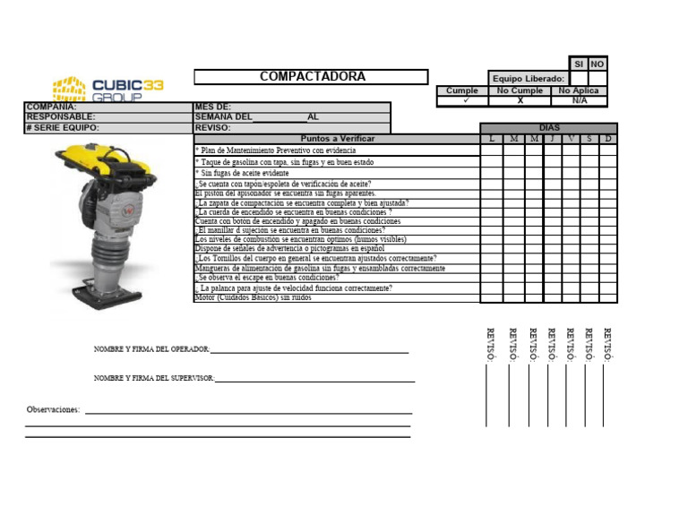 Checklist Mantenimiento Compactadora | PDF | Motor de combustión ...