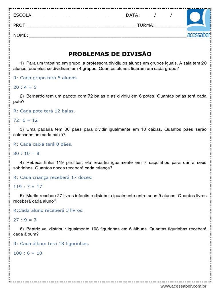 Atividade de Matematica Problemas de Divisao 4 Ano Respostas | PDF