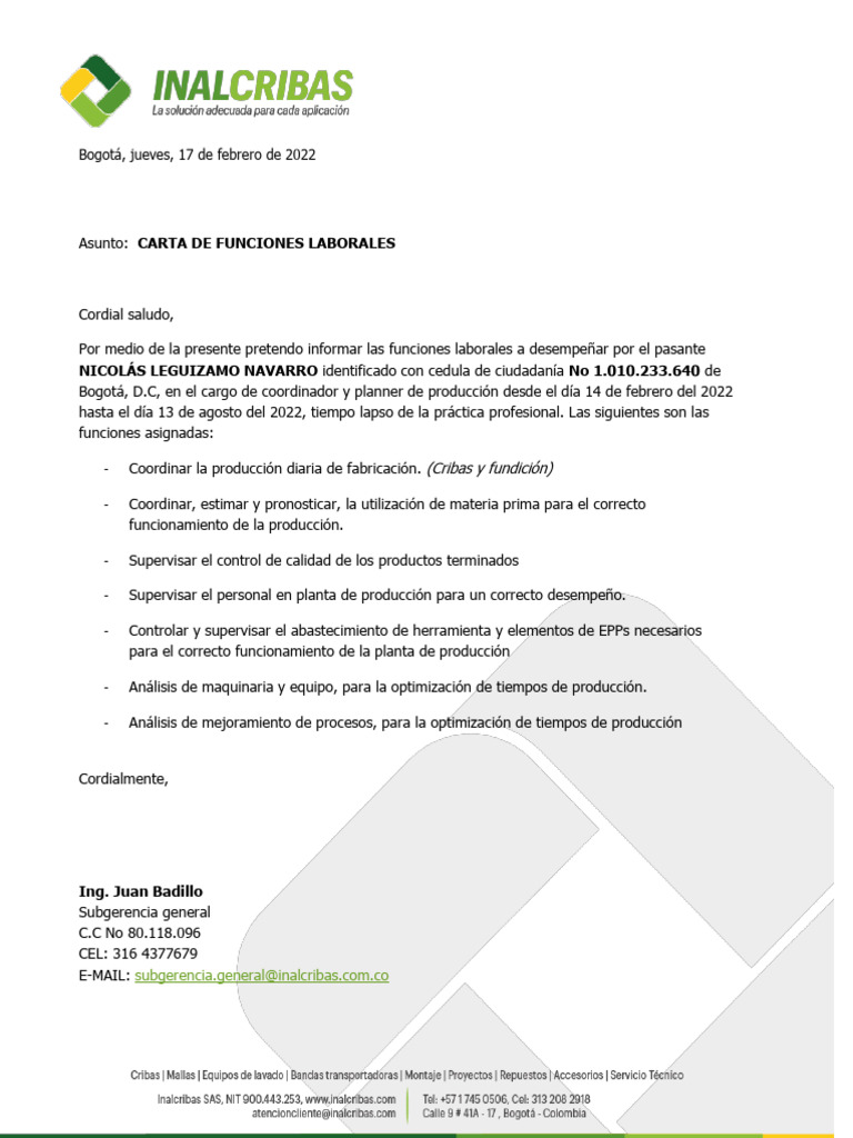 Carta de Funciones Laborales PDF