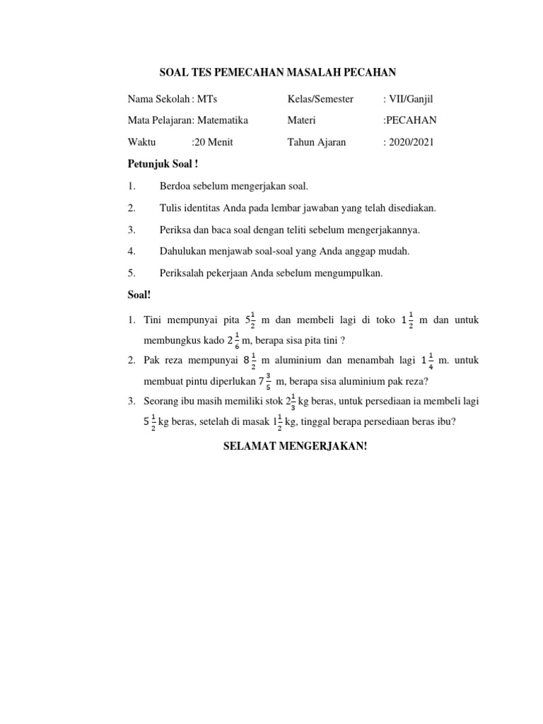 Soal Tes Pecahan 1 Pdf
