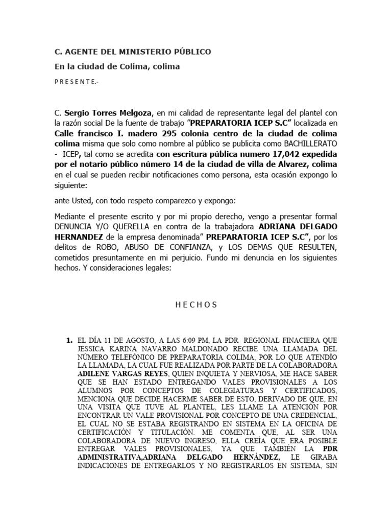 Denuncia por Robo en Preparatoria ICEP | PDF | Justicia | Crimen y ...