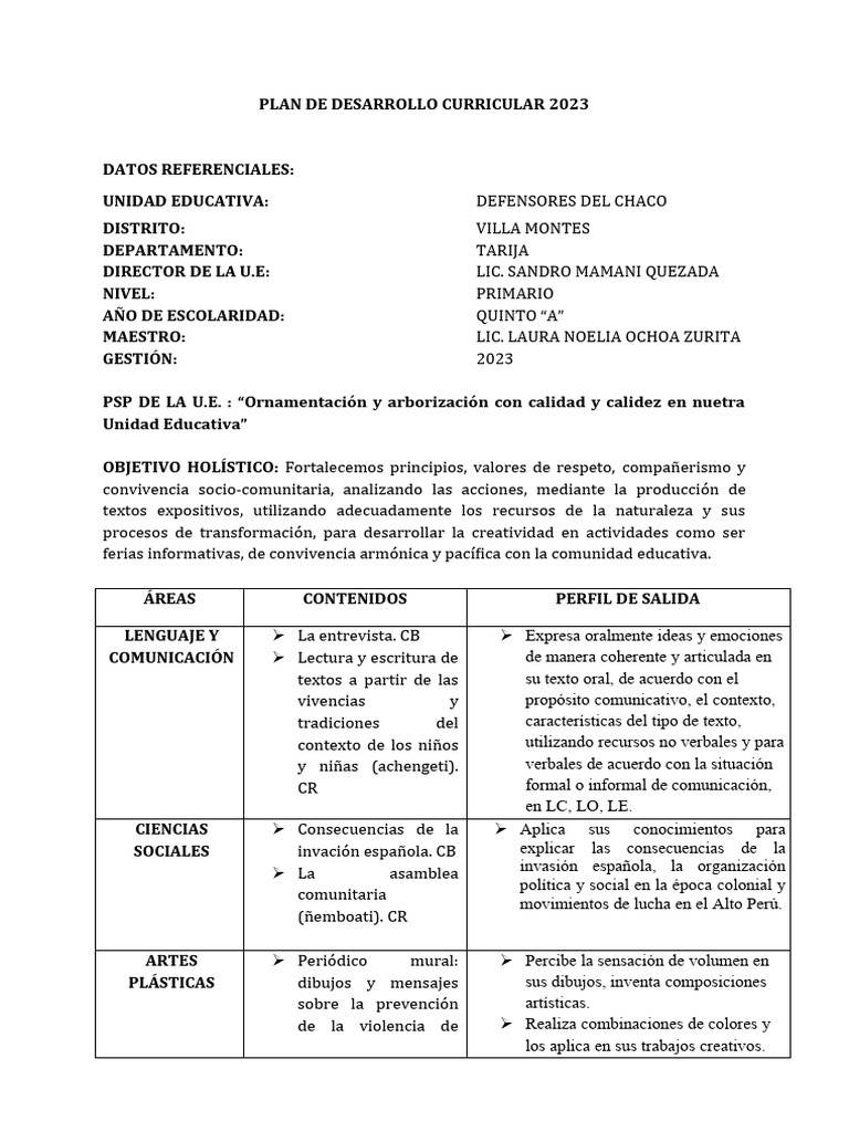 PLAN DE DESARROLLO CURRICULAR D.D.CH. 5to | PDF | Comunicación