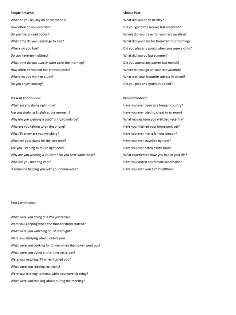 Tense-Based Question Examples | PDF | Linguistics | Grammar