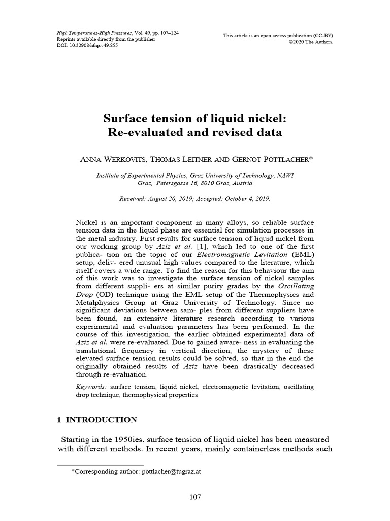 Revised Surface Tension of Liquid Nickel | PDF | Surface Tension ...
