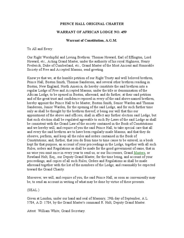 Prince Hall Original Charter Freemasonry Masonic Lodge