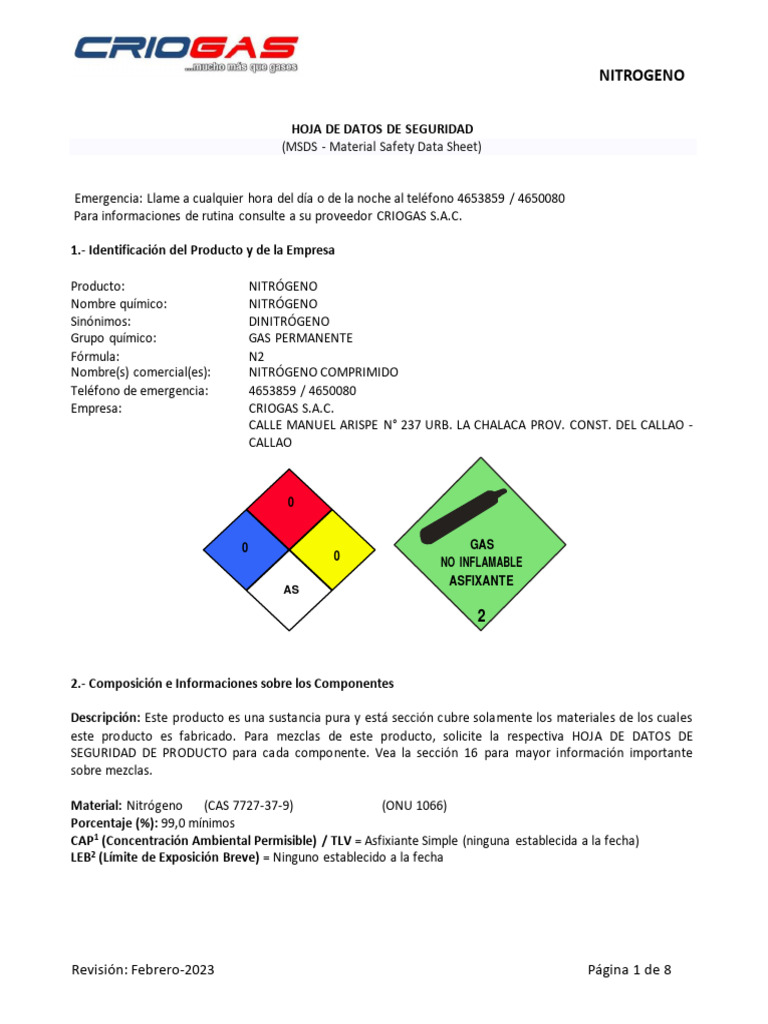Hoja de Seguridad del Nitrógeno Comprimido | PDF | Oxígeno | Incendios