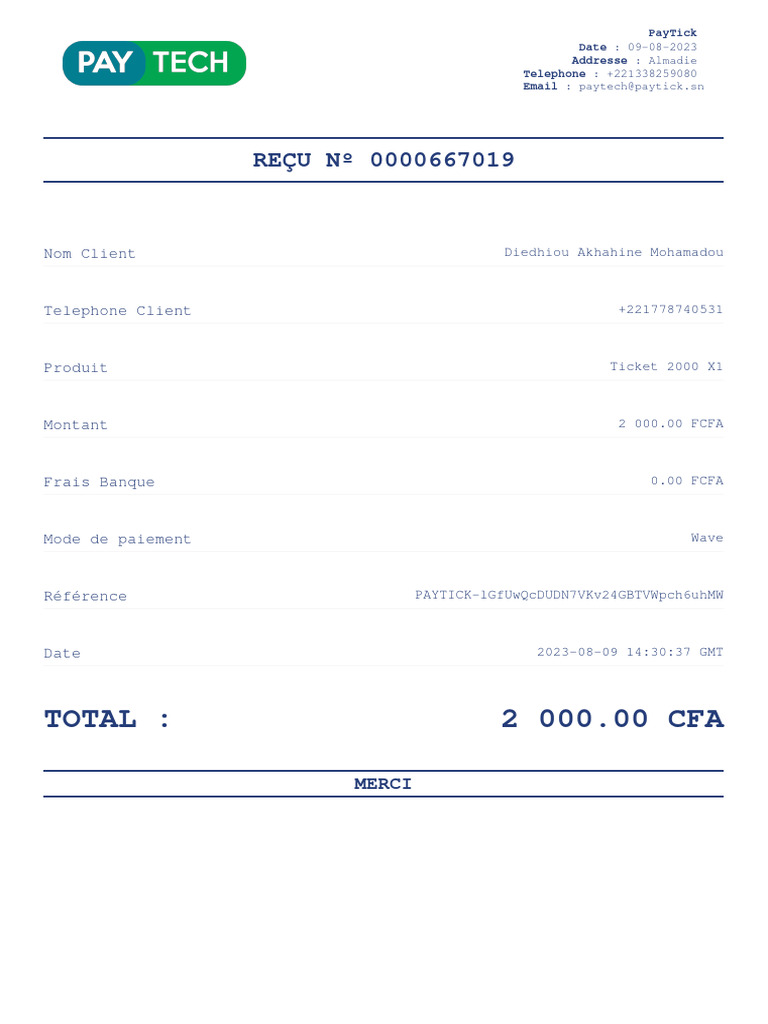 Reçu de paiement PayTick - 2000 FCFA | PDF | Finance et gestion monétaire