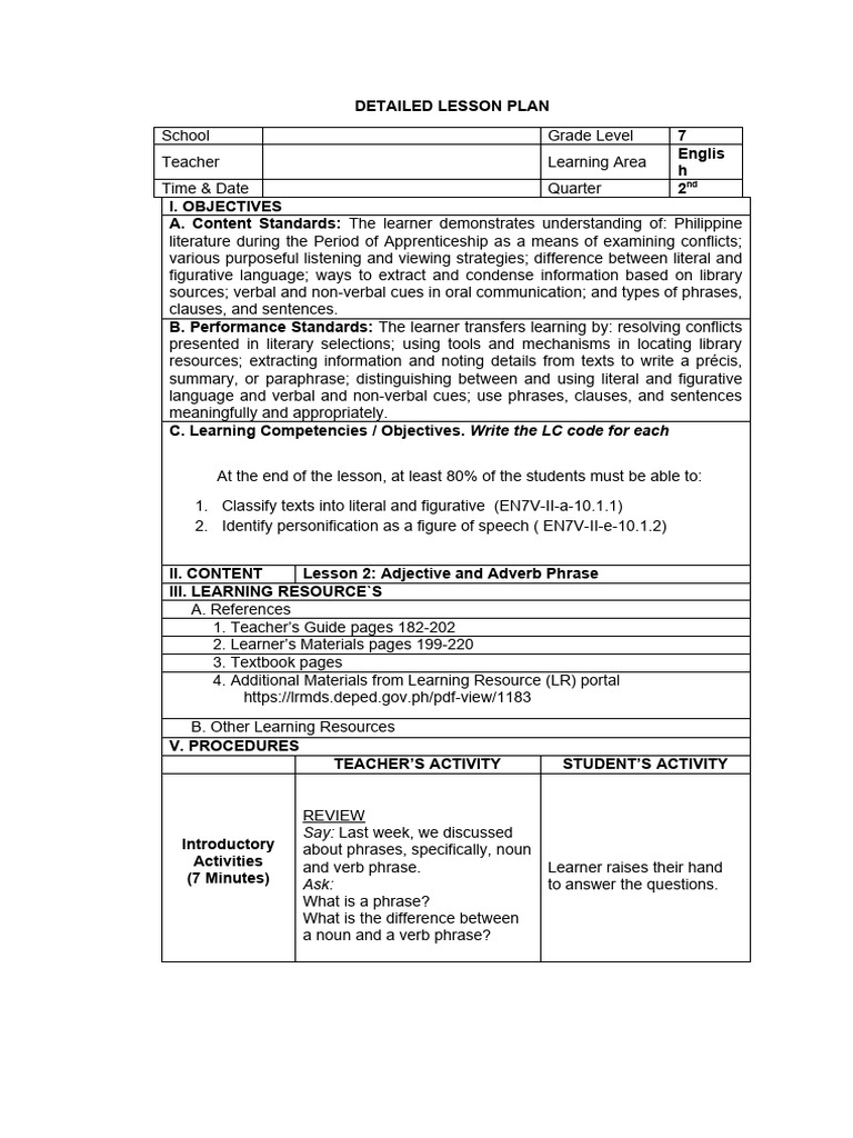 Grade 7 English Lesson Plan: Figurative Language | PDF | Learning ...