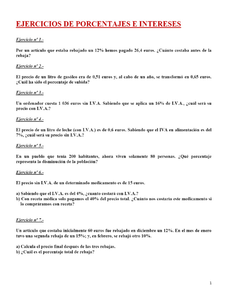 EJERCICIOS DE PORCENTAJES E INTERESES - PDF | PDF