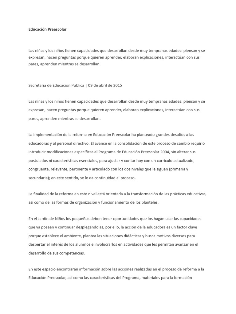 Reforma y Competencias en Preescolar | PDF | Educación de la primera ...
