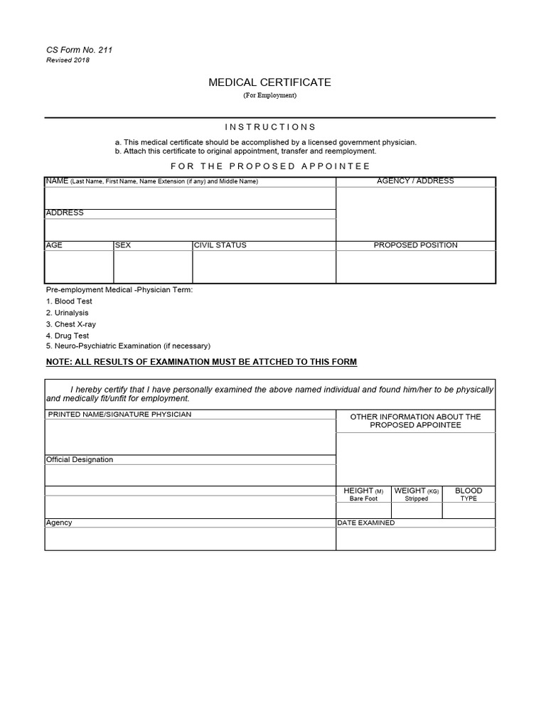 Medical Certificate CS Form 211 2018 | PDF | Test (Assessment) | Health ...