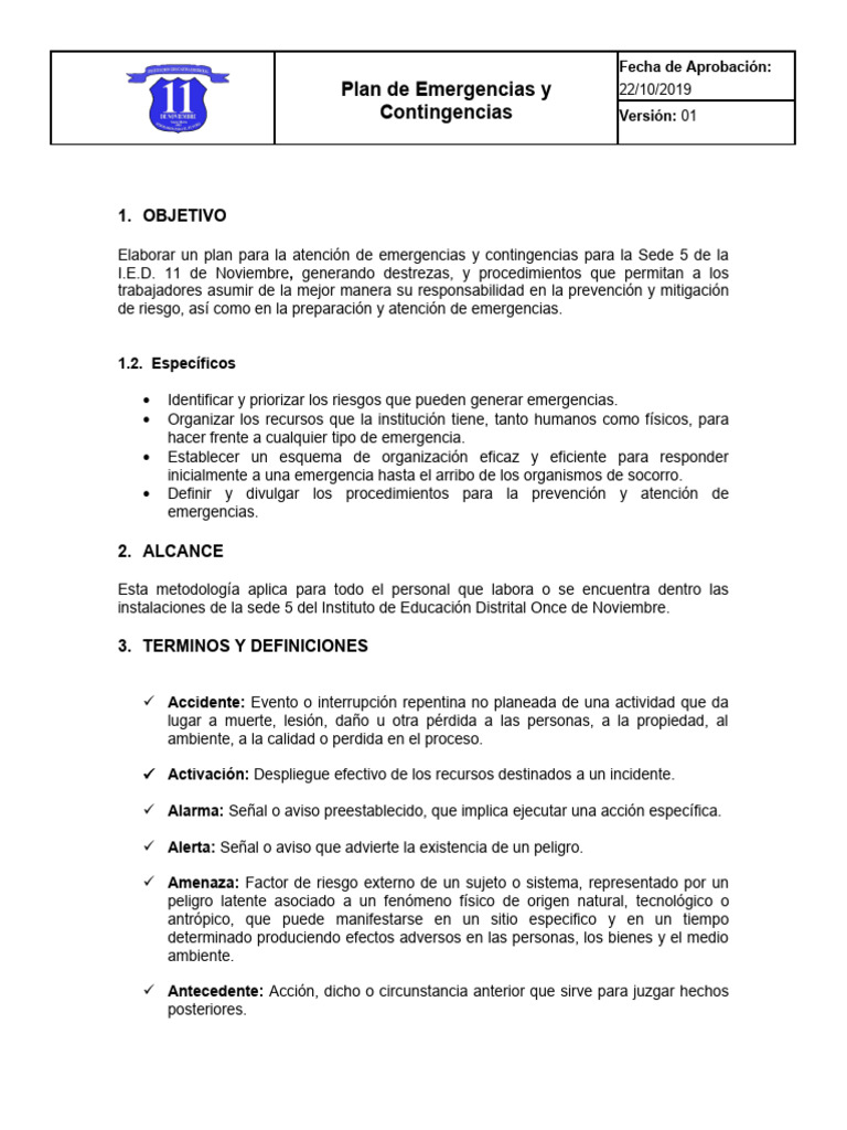 Plan de Emergencias IED Once de Noviembre | PDF | Riesgo | Temblores