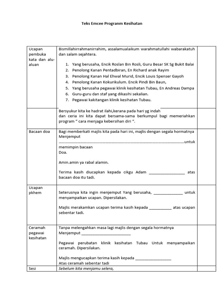 Teks MC Program Kesihatan | PDF