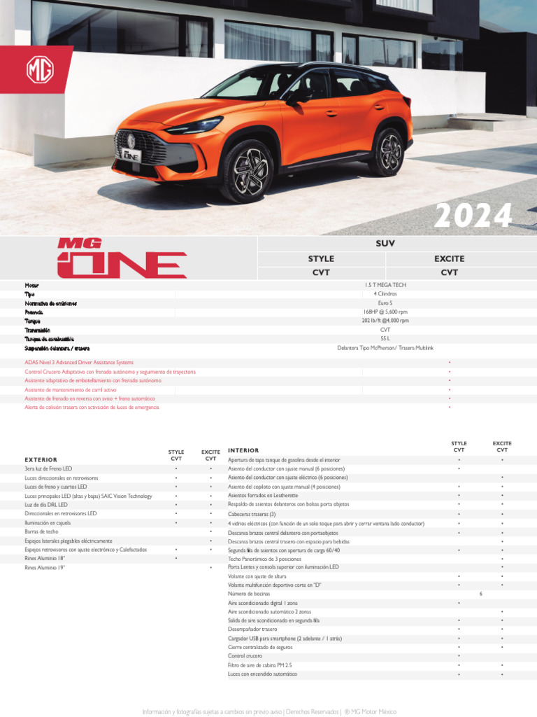 MG One Ficha Tecnica | PDF | Diodo emisor de luz | Vehículos terrestres