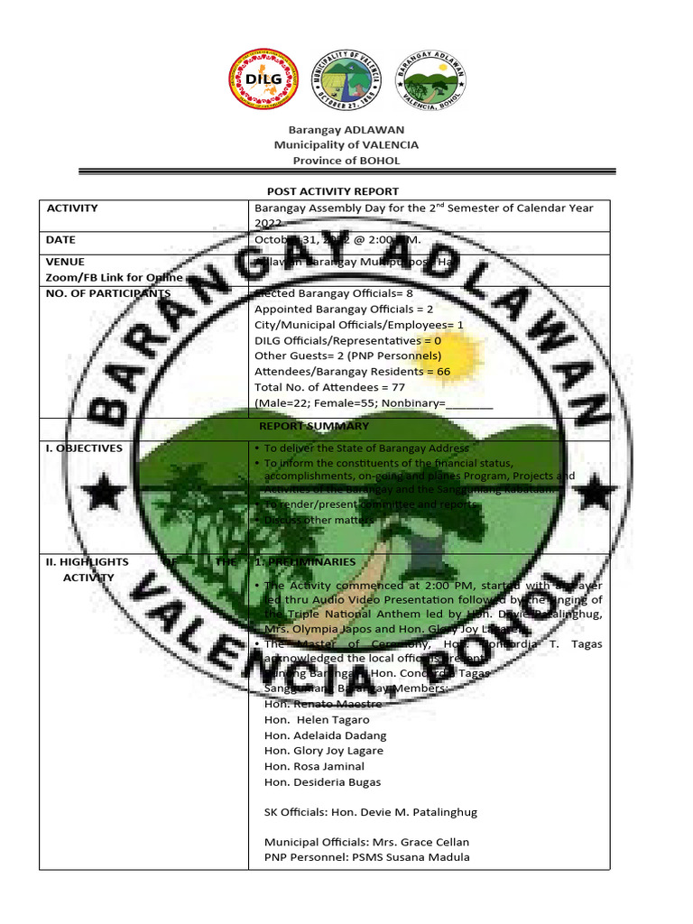 Barangay Assembly Post Activity Report | PDF