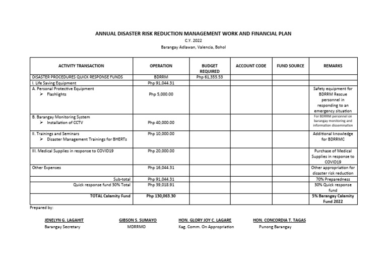 Barangay BDRRM Annual Financial Plan 2022 | PDF | Securities | Civil ...