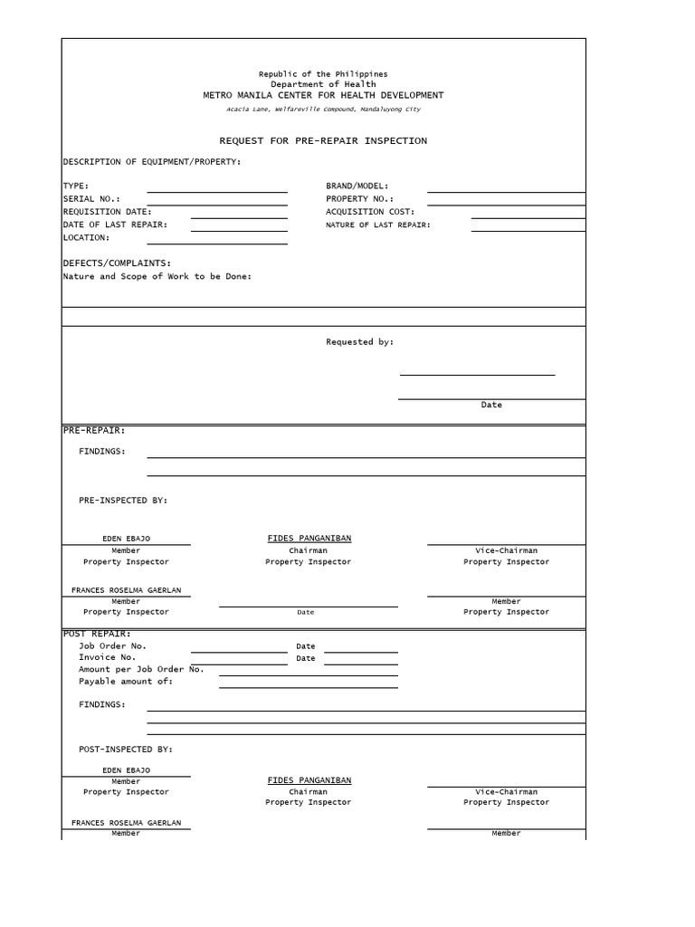 Request for Pre-Repair Inspection & WMat | PDF