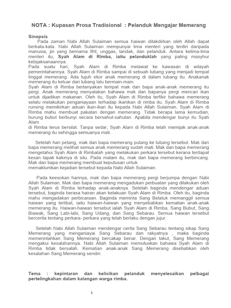 Kupasan Prosa Tradisional Pelanduk Mengajar Memera | PDF