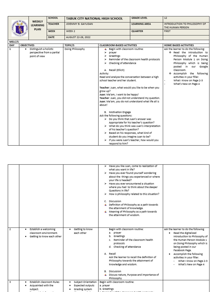 Weekly Learning Plan Week 2 Pdf Learning Teachers