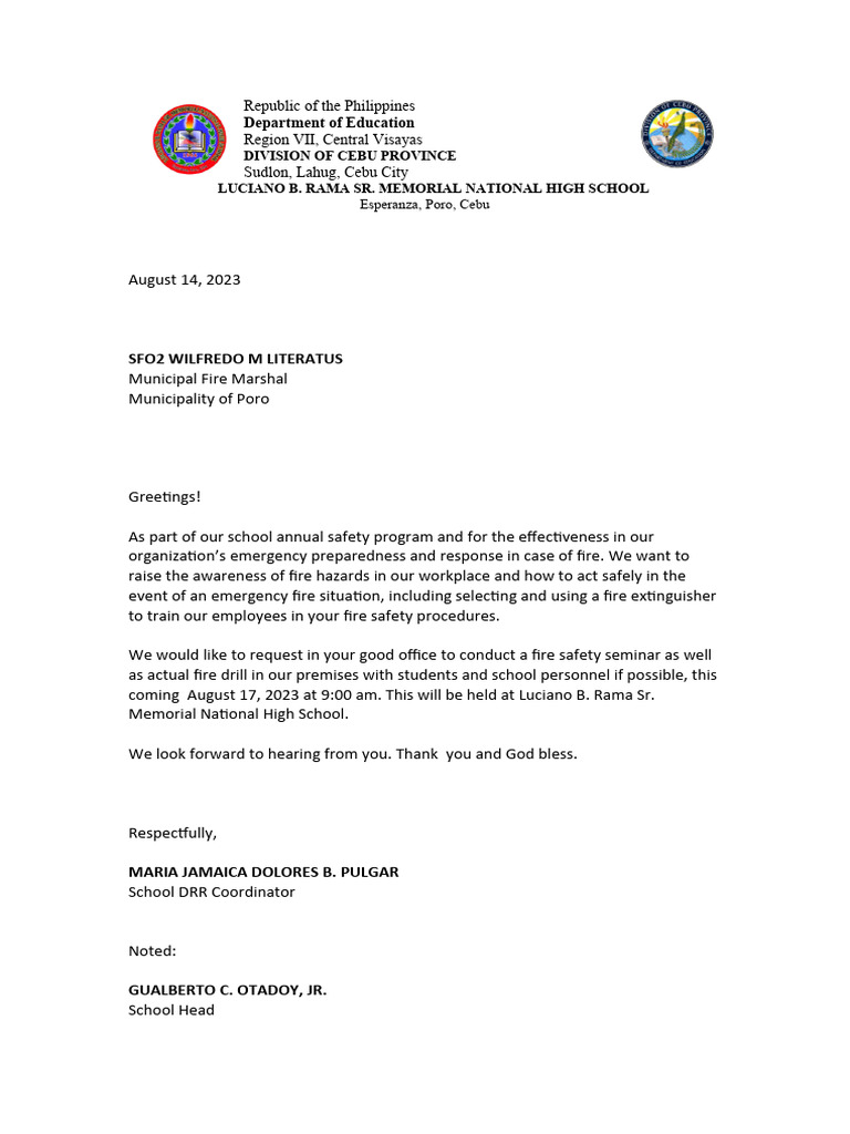 Fire Drill Request for School Seminar | PDF