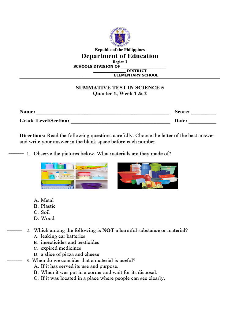 G5 Science Q1 Summative 1 4 | PDF | Waste | Recycling