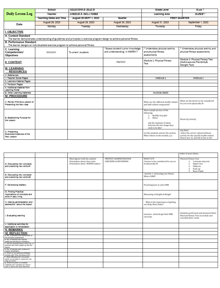DLL G7 Q1 Pek | PDF | Learning | Physical Fitness