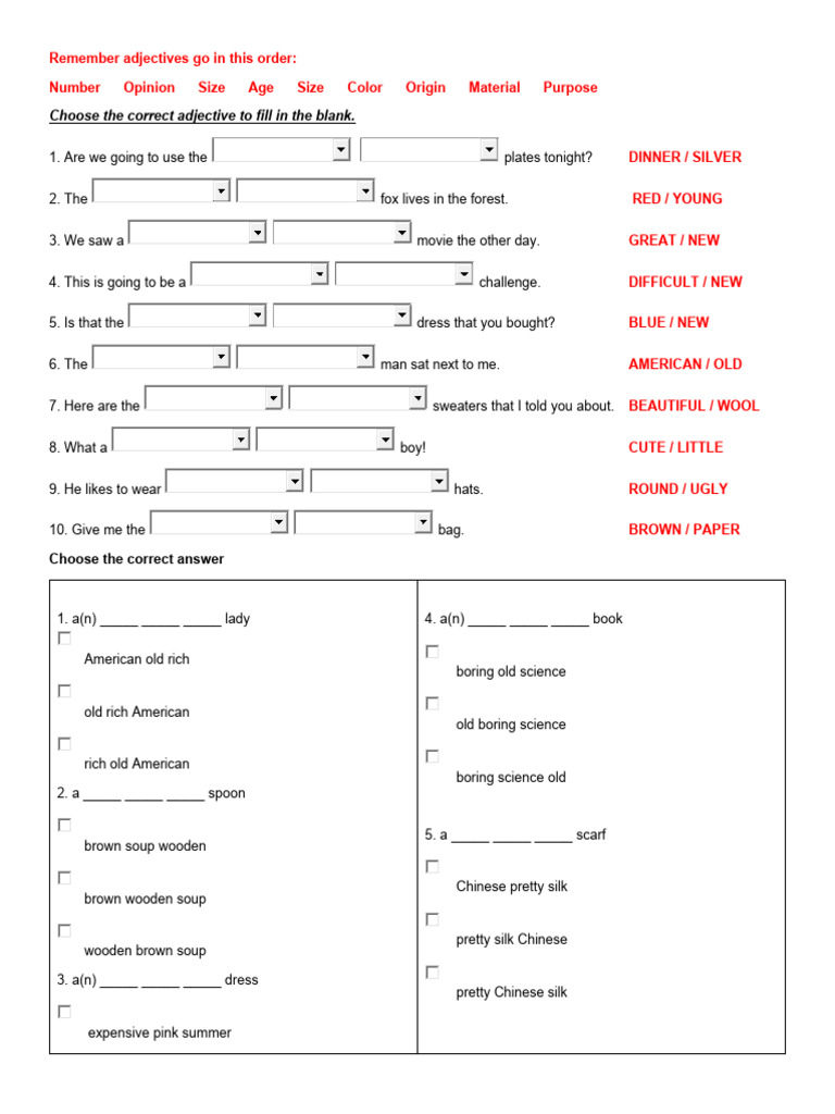 Adjective Order Exercise Pdf