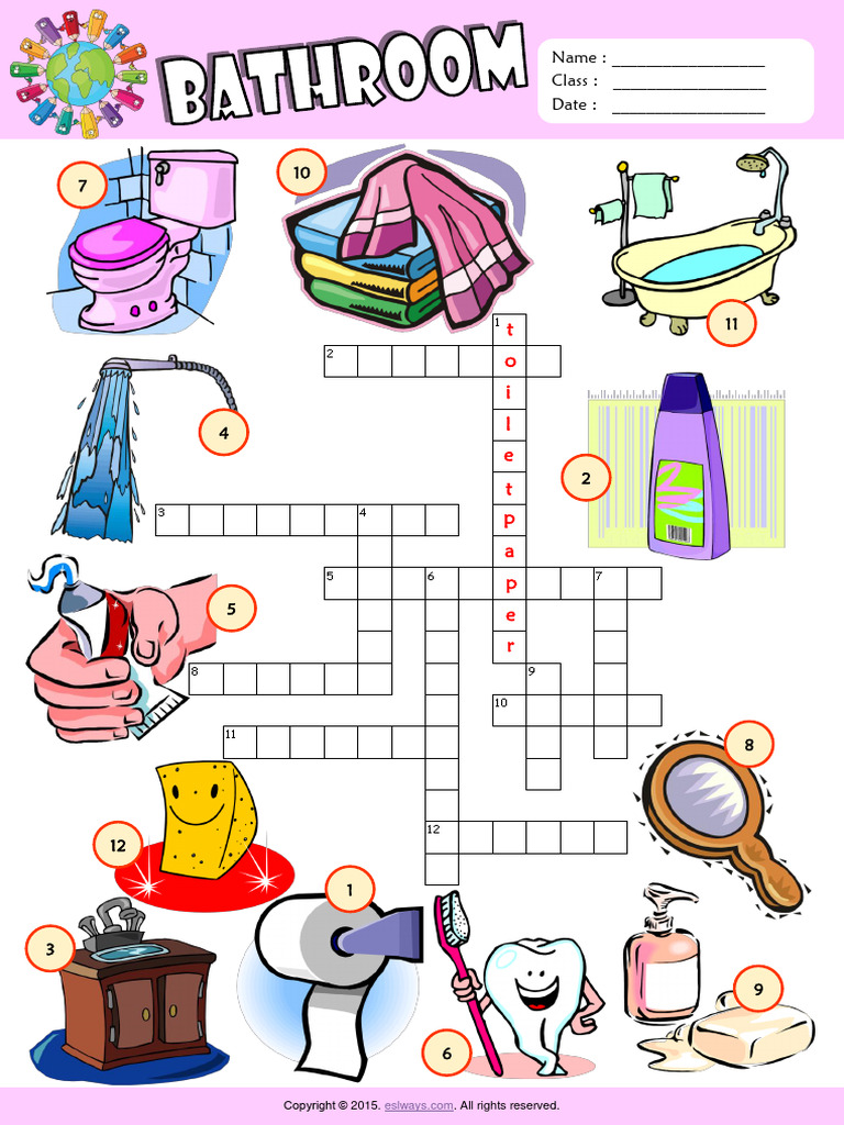 Bathroom Esl Vocabulary Crossword Puzzle Worksheet For Kids PDF