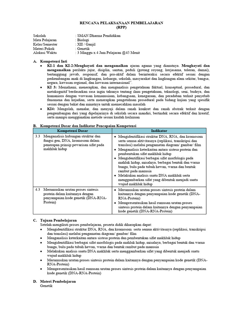 RPP Biologi Genetik Kelas XII Ganjil | PDF | Sains & Matematika