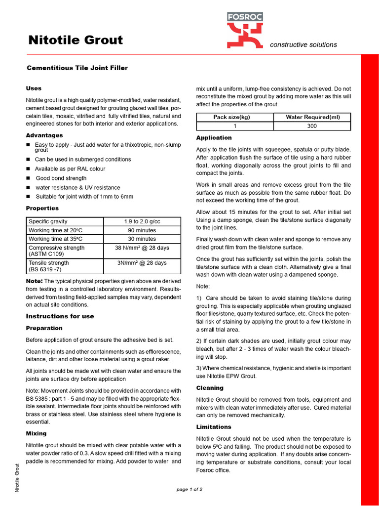 TDS Nitotile Grout India4 PDF Shelf Life Tile