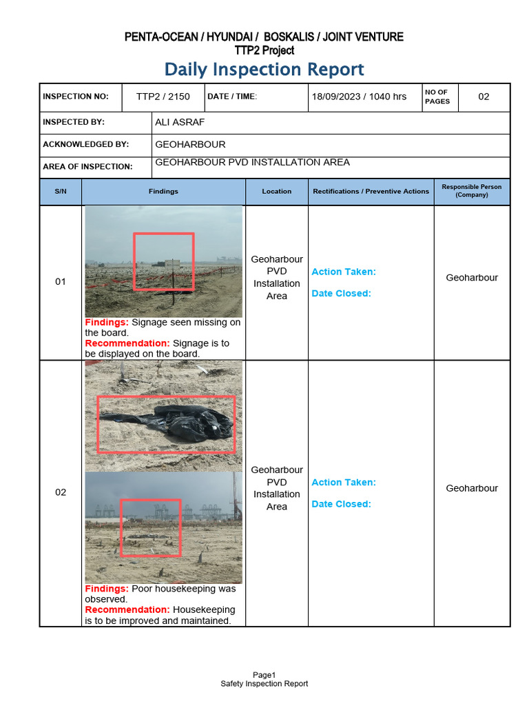 TTP2 Project Daily Inspection Report | PDF | Safety