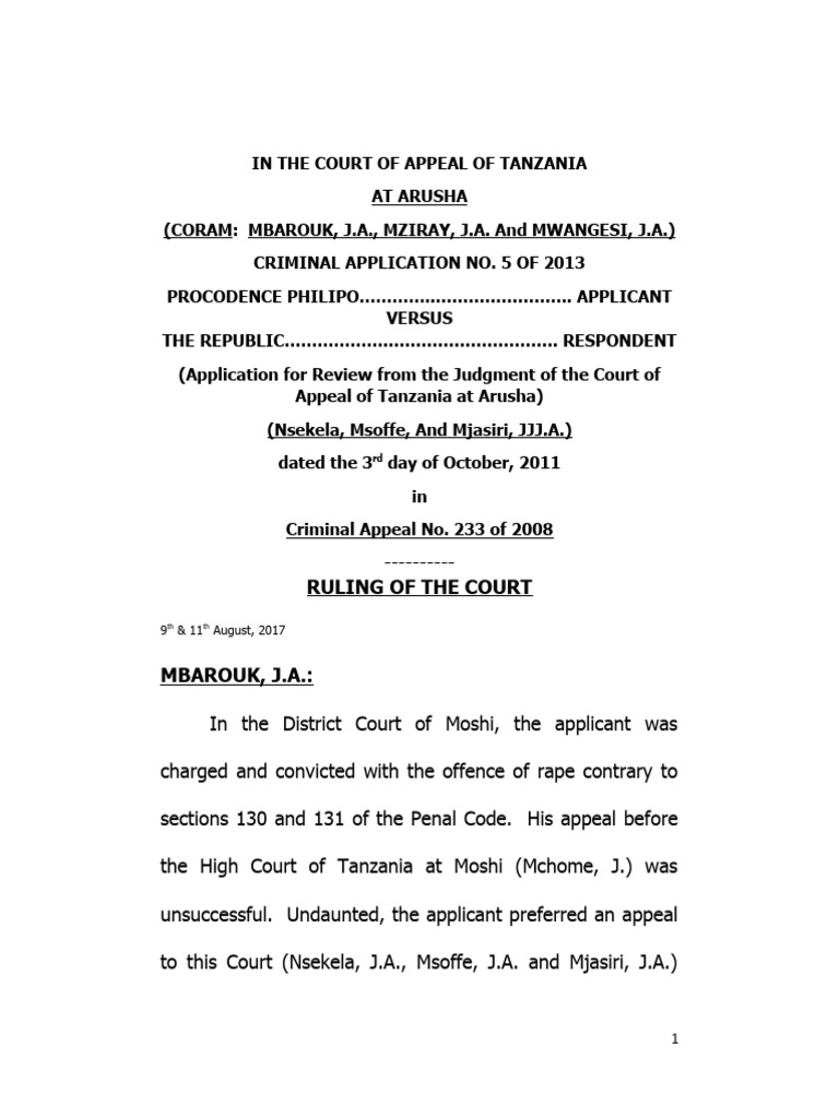 CRIMINAL APPLICATION NO. 5 OF 2013 (RULING) Final | PDF | Appeal ...