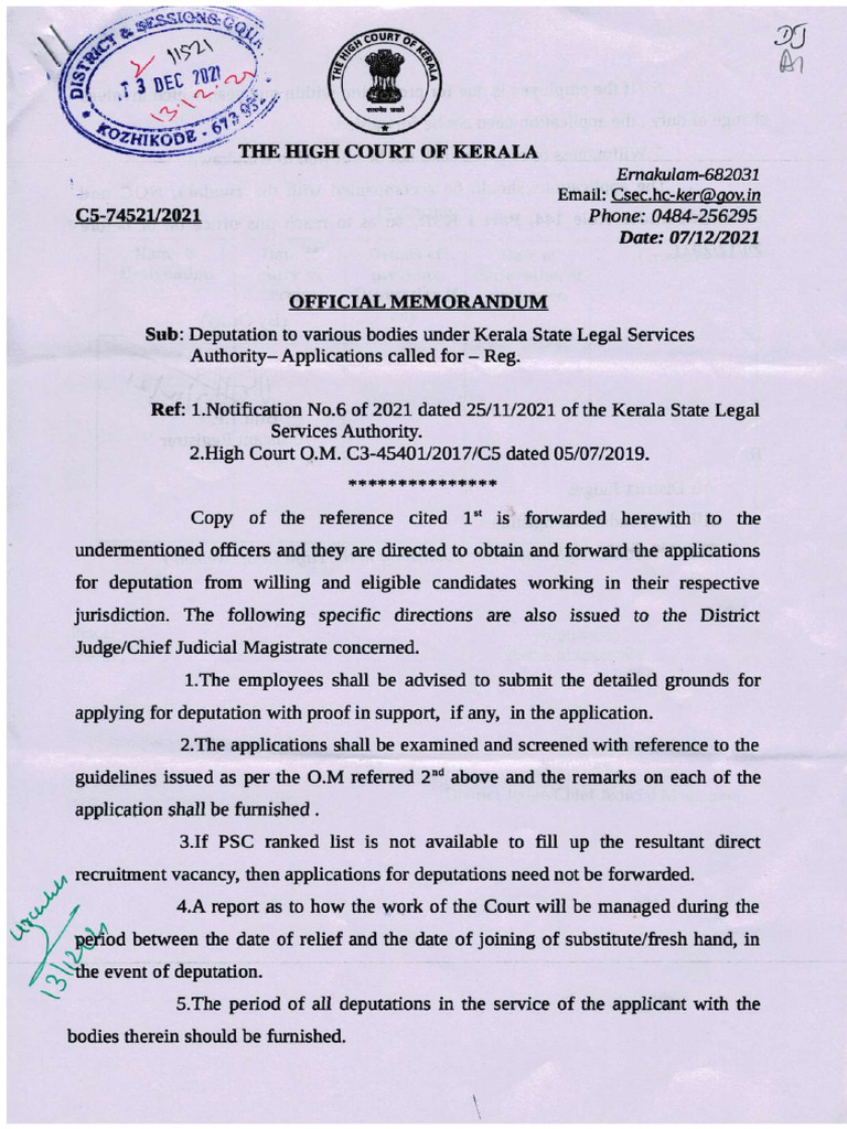 Deputation To Various Bodies Under Kerala State Legal Services ...