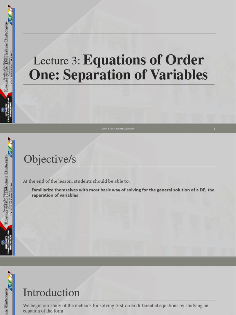 Lecture 3 Separations of Variables With Solutions | PDF | Equations | Rates