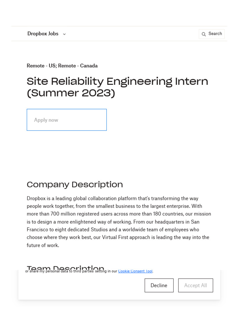 Dropbox Site Reliability Engineering Intern (Summer 2023) Dropbox Download Free PDF