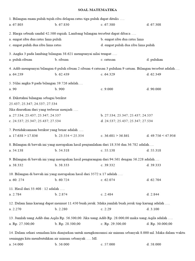 Soal Matematika Kelas 5 Bab 1 | PDF